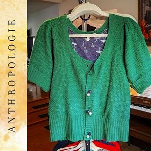 Anthropologie Moth Green Chunky Wool Knitted Puff Sleeve Cardigan Size Large
